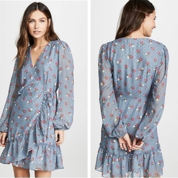 Wayf Eloise Floral Wrap Dress Clip Dot Ruffle Long Sheer Sleeve Tulip Hem Sz S - Picture 1 of 14